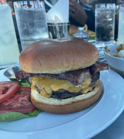 RH Rooftop Restaurant Charlotte signature dishes RH Burger, Lobster Roll, Truffled Grilled Cheese, Salads, various brunch items.